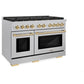 ZLINE Autograph 48" 6.7 cu. ft. Paramount Double Oven Dual Fuel Range with 8 Burner Gas Cooktop in Satin Stainless Steel and Polished Gold Accents, SDRSZ-48-G