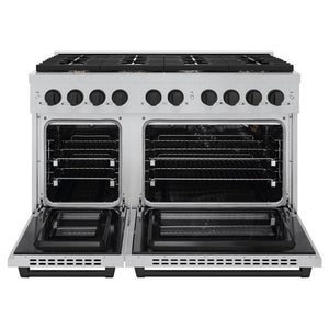 ZLINE Autograph 48" 6.7 cu. ft. Paramount Double Oven Dual Fuel Range with 8 Burner Gas Cooktop in Satin Stainless Steel and Matte Black Accents, SDRSZ-48-MB