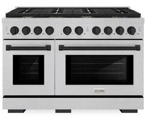 ZLINE Autograph 48" 6.7 cu. ft. Paramount Double Oven Dual Fuel Range with 8 Burner Gas Cooktop in Satin Stainless Steel and Matte Black Accents, SDRSZ-48-MB