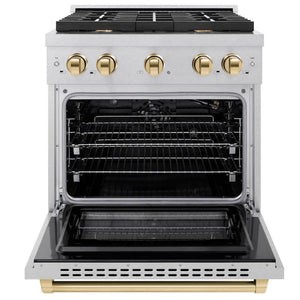 ZLINE Autograph 30" 4.2 cu. ft. Paramount Gas Range with 4 Burner Cooktop and Convection Gas Oven in Satin Stainless Steel and Polished Gold Accents, SGRSZ-30-G