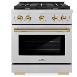 ZLINE Autograph 30" 4.2 cu. ft. Paramount Gas Range with 4 Burner Cooktop and Convection Gas Oven in Satin Stainless Steel and Polished Gold Accents, SGRSZ-30-G