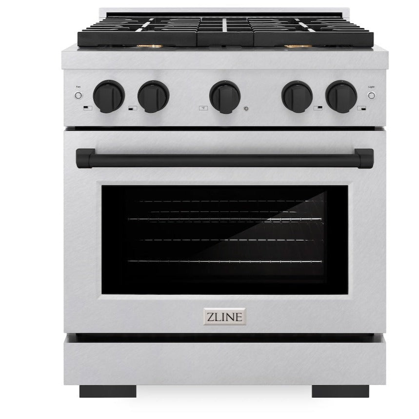 ZLINE Autograph 30" 4.2 cu. ft. Paramount Gas Range with 4 Burner Cooktop and Convection Gas Oven in Satin Stainless Steel and Matte Black Accents, SGRSZ-30-MB