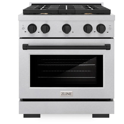 ZLINE Autograph 30" 4.2 cu. ft. Paramount Gas Range with 4 Burner Cooktop and Convection Gas Oven in Satin Stainless Steel and Matte Black Accents, SGRSZ-30-MB