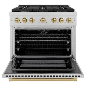 ZLINE Autograph 36" 5.2 cu. ft. Paramount Gas Range with 6 Burner Cooktop and Convection Gas Oven in Satin Stainless Steel and Champagne Bronze Accents, SGRSZ-36-CB
