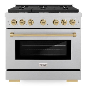 ZLINE Autograph 36" 5.2 cu. ft. Paramount Gas Range with 6 Burner Cooktop and Convection Gas Oven in Satin Stainless Steel and Champagne Bronze Accents, SGRSZ-36-CB