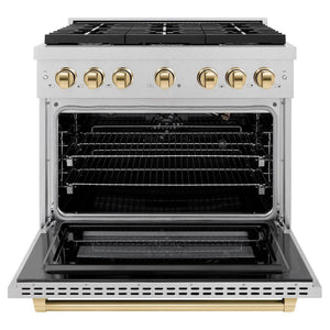 ZLINE Autograph 36" 5.2 cu. ft. Paramount Gas Range with 6 Burner Cooktop and Convection Gas Oven in Satin Stainless Steel and Polished Gold Accents, SGRSZ-36-G