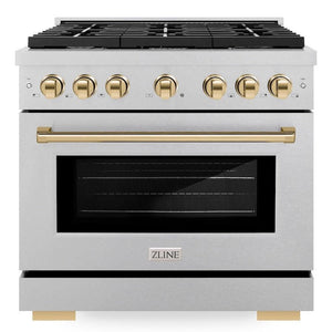 ZLINE Autograph 36" 5.2 cu. ft. Paramount Gas Range with 6 Burner Cooktop and Convection Gas Oven in Satin Stainless Steel and Polished Gold Accents, SGRSZ-36-G