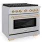 ZLINE Autograph 36" 5.2 cu. ft. Paramount Gas Range with 6 Burner Cooktop and Convection Gas Oven in Satin Stainless Steel and Polished Gold Accents, SGRSZ-36-G