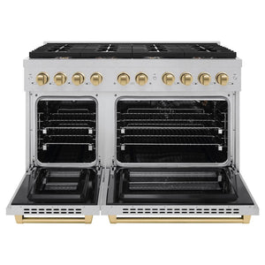 ZLINE Autograph 48" 6.7 cu. ft. Paramount Double Oven Gas Range with 8 Burner Cooktop in Satin Stainless Steel and Champagne Bronze Accents, SGRSZ-48-CB