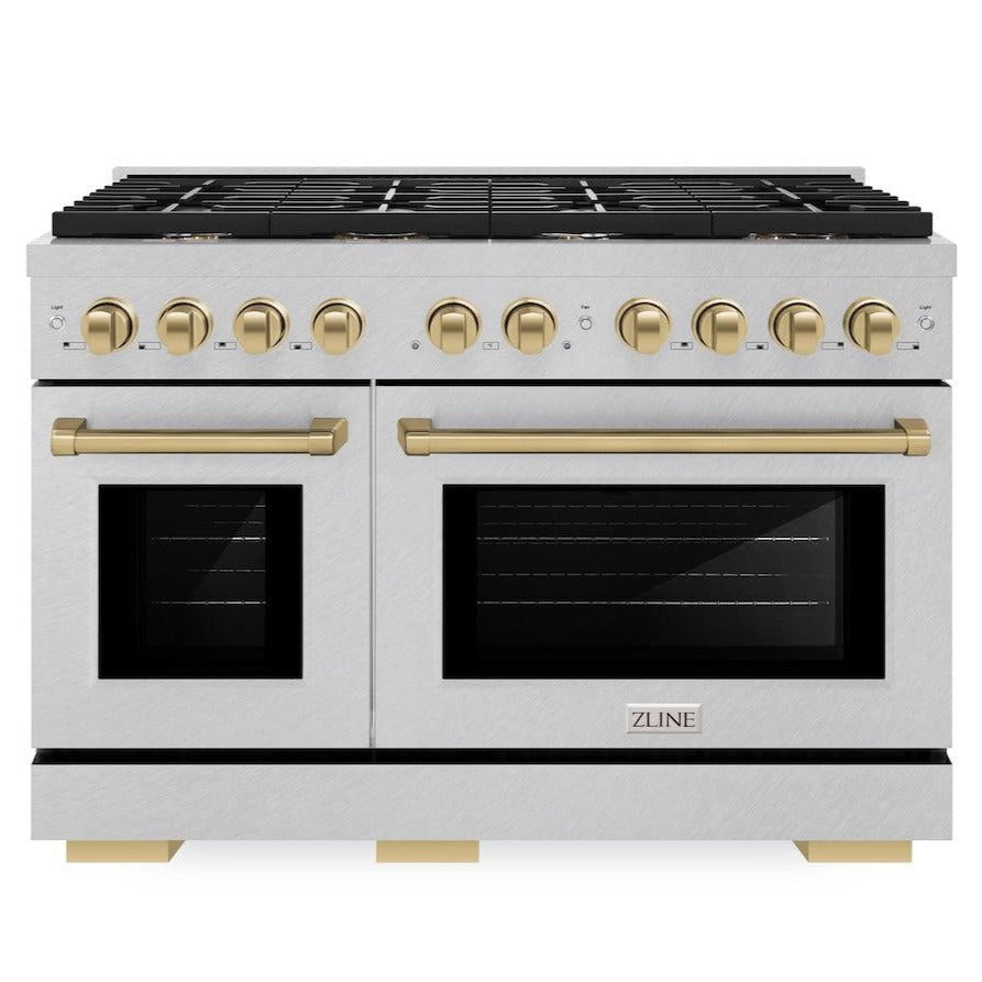 ZLINE Autograph 48" 6.7 cu. ft. Paramount Double Oven Gas Range with 8 Burner Cooktop in Satin Stainless Steel and Champagne Bronze Accents, SGRSZ-48-CB
