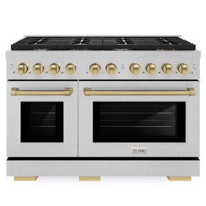 ZLINE Autograph 48" 6.7 cu. ft. Paramount Double Oven Gas Range with 8 Burner Cooktop in Satin Stainless Steel and Champagne Bronze Accents, SGRSZ-48-CB