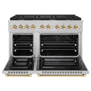 ZLINE Autograph 48" 6.7 cu. ft. Paramount Double Oven Gas Range with 8 Burner Cooktop in Satin Stainless Steel and Polished Gold Accents, SGRSZ-48-G