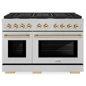 ZLINE Autograph 48" 6.7 cu. ft. Paramount Double Oven Gas Range with 8 Burner Cooktop in Satin Stainless Steel and Polished Gold Accents, SGRSZ-48-G