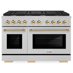 ZLINE Autograph Package - 48 In. Gas Range and Range Hood in Satin Stainless Steel with Gold Accents, 2AKPR-RGSRH48-G