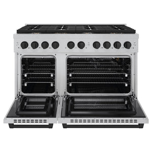 ZLINE Autograph 48" 6.7 cu. ft. Paramount Double Oven Gas Range with 8 Burner Cooktop in Satin Stainless Steel and Matte Black Accents, SGRSZ-48-MB