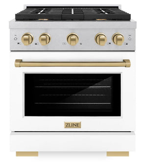 ZLINE Autograph 30" 4.2 cu. ft. Paramount Dual Fuel Range with 4 Burner Gas Cooktop and Electric Convection Oven in Satin Stainless Steel with White Matte Door and Champagne Bronze Accents, SDRSZ-WM-30-CB