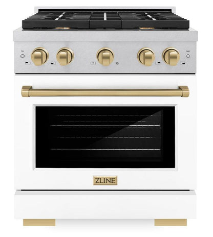 ZLINE Autograph 30" 4.2 cu. ft. Paramount Dual Fuel Range with 4 Burner Gas Cooktop and Electric Convection Oven in Satin Stainless Steel with White Matte Door and Champagne Bronze Accents, SDRSZ-WM-30-CB