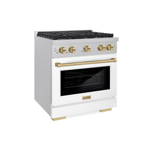 ZLINE Autograph 30" 4.2 cu. ft. Paramount Dual Fuel Range with 4 Burner Gas Cooktop and Electric Convection Oven in Satin Stainless Steel with White Matte Door and Champagne Bronze Accents, SDRSZ-WM-30-CB