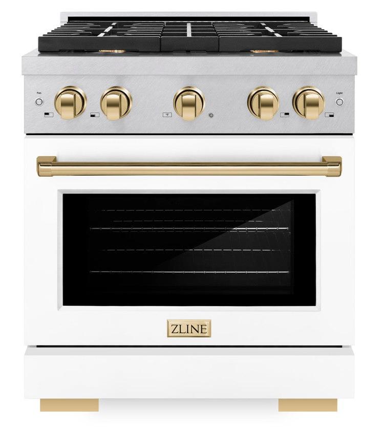 ZLINE Autograph 30" 4.2 cu. ft. Paramount Dual Fuel Range with 4 Burner Gas Cooktop and Electric Convection Oven in Satin Stainless Steel with White Matte Door and Polished Gold Accents, SDRSZ-WM-30-G