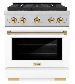 ZLINE Autograph 30" 4.2 cu. ft. Paramount Dual Fuel Range with 4 Burner Gas Cooktop and Electric Convection Oven in Satin Stainless Steel with White Matte Door and Polished Gold Accents, SDRSZ-WM-30-G