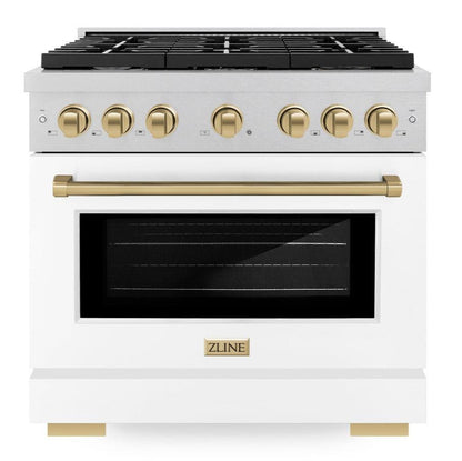 ZLINE Autograph 36" 5.2 cu. ft. Paramount Dual Fuel Range with 6 Burner Gas Cooktop and Electric Convection Oven in Satin Stainless Steel with White Matte Door and Champagne Bronze Accents, SDRSZ-WM-36-CB