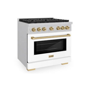 ZLINE Autograph 36" 5.2 cu. ft. Paramount Dual Fuel Range with 6 Burner Gas Cooktop and Electric Convection Oven in Satin Stainless Steel with White Matte Door and Champagne Bronze Accents, SDRSZ-WM-36-CB