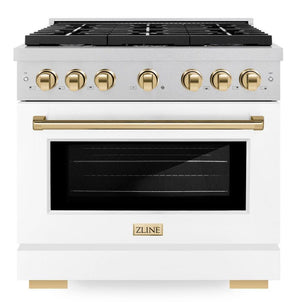 ZLINE Autograph 36" 5.2 cu. ft. Paramount Dual Fuel Range with 6 Burner Gas Cooktop and Electric Convection Oven in Satin Stainless Steel with White Matte Door and Polished Gold Accents, SDRSZ-WM-36-G
