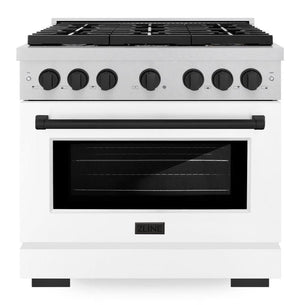 ZLINE Autograph 36" 5.2 cu. ft. Paramount Dual Fuel Range with 6 Burner Gas Cooktop and Electric Convection Oven in Satin Stainless Steel with White Matte Door and Matte Black Accents, SDRSZ-WM-36-MB