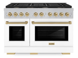 ZLINE Autograph 48" 6.7 cu. ft. Paramount Double Oven Dual Fuel Range with 8 Burner Gas Cooktop in Satin Stainless Steel with White Matte Doors and Champagne Bronze Accents, SDRSZ-WM-48-CB