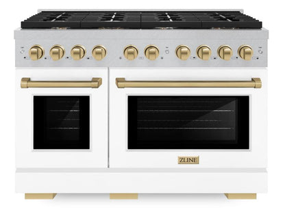 ZLINE Autograph 48" 6.7 cu. ft. Paramount Double Oven Dual Fuel Range with 8 Burner Gas Cooktop in Satin Stainless Steel with White Matte Doors and Champagne Bronze Accents, SDRSZ-WM-48-CB