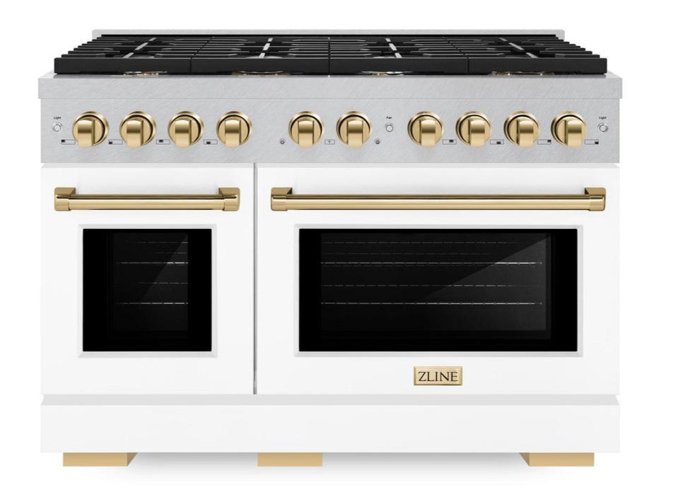 ZLINE Autograph 48" 6.7 cu. ft. Paramount Double Oven Dual Fuel Range with 8 Burner Gas Cooktop in Satin Stainless Steel with White Matte Doors and Polished Gold Accents, SDRSZ-WM-48-G