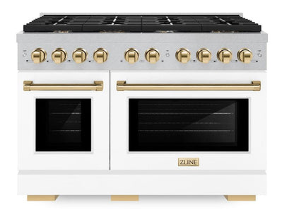 ZLINE Autograph 48" 6.7 cu. ft. Paramount Double Oven Dual Fuel Range with 8 Burner Gas Cooktop in Satin Stainless Steel with White Matte Doors and Polished Gold Accents, SDRSZ-WM-48-G