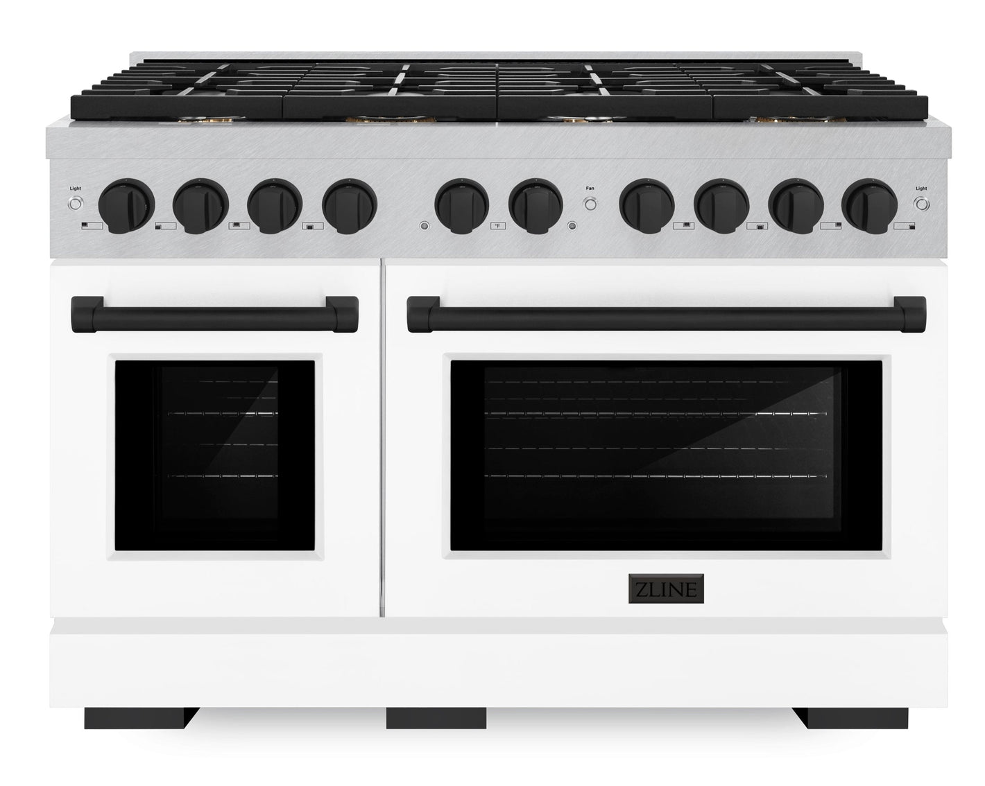 ZLINE Autograph 48" 6.7 cu. ft. Paramount Double Oven Dual Fuel Range with 8 Burner Gas Cooktop in Satin Stainless Steel with White Matte Doors and Matte Black Accents, SDRSZ-WM-48-MB