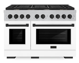 ZLINE Autograph 48" 6.7 cu. ft. Paramount Double Oven Dual Fuel Range with 8 Burner Gas Cooktop in Satin Stainless Steel with White Matte Doors and Matte Black Accents, SDRSZ-WM-48-MB