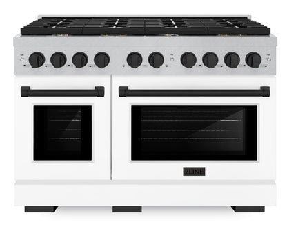 ZLINE Autograph 48" 6.7 cu. ft. Paramount Double Oven Dual Fuel Range with 8 Burner Gas Cooktop in Satin Stainless Steel with White Matte Doors and Matte Black Accents, SDRSZ-WM-48-MB