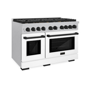 ZLINE Autograph 48" 6.7 cu. ft. Paramount Double Oven Dual Fuel Range with 8 Burner Gas Cooktop in Satin Stainless Steel with White Matte Doors and Matte Black Accents, SDRSZ-WM-48-MB