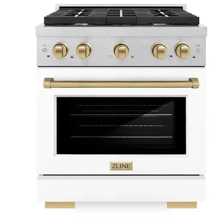 ZLINE Autograph 30" 4.2 cu. ft. Paramount Gas Range with 4 Burner Cooktop and Convection Gas Oven in Satin Stainless Steel with White Matte Door and Champagne Bronze Accents, SGRSZ-WM-30-CB