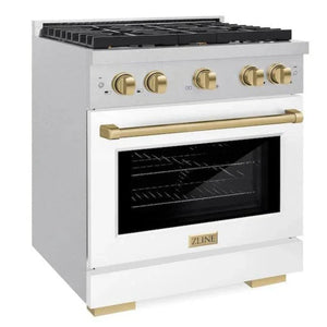 ZLINE Autograph 30" 4.2 cu. ft. Paramount Gas Range with 4 Burner Cooktop and Convection Gas Oven in Satin Stainless Steel with White Matte Door and Champagne Bronze Accents, SGRSZ-WM-30-CB