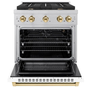 ZLINE Autograph 30" 4.2 cu. ft. Paramount Gas Range with 4 Burner Cooktop and Convection Gas Oven in Satin Stainless Steel with White Matte Door and Polished Gold Accents, SGRSZ-WM-30-G