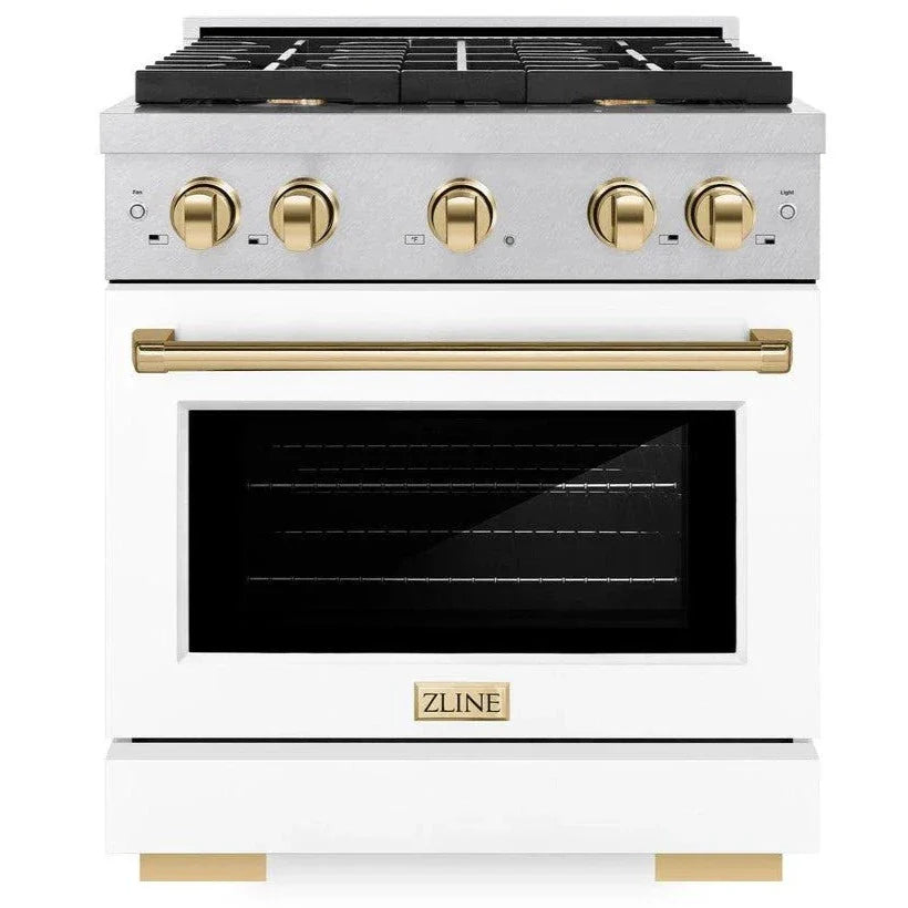 ZLINE Autograph 30" 4.2 cu. ft. Paramount Gas Range with 4 Burner Cooktop and Convection Gas Oven in Satin Stainless Steel with White Matte Door and Polished Gold Accents, SGRSZ-WM-30-G