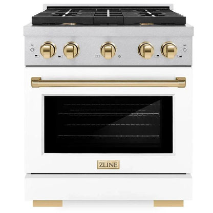 ZLINE Autograph 30" 4.2 cu. ft. Paramount Gas Range with 4 Burner Cooktop and Convection Gas Oven in Satin Stainless Steel with White Matte Door and Polished Gold Accents, SGRSZ-WM-30-G
