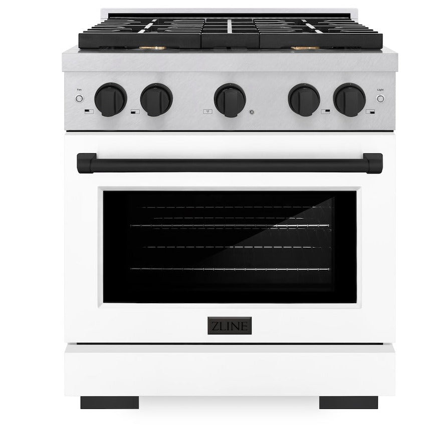 ZLINE Autograph 30" 4.2 cu. ft. Paramount Gas Range with 4 Burner Cooktop and Convection Gas Oven in Satin Stainless Steel with White Matte Door and Matte Black Accents, SGRSZ-WM-30-MB