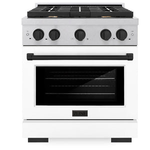 ZLINE Autograph 30" 4.2 cu. ft. Paramount Gas Range with 4 Burner Cooktop and Convection Gas Oven in Satin Stainless Steel with White Matte Door and Matte Black Accents, SGRSZ-WM-30-MB