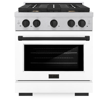 ZLINE Autograph 30" 4.2 cu. ft. Paramount Gas Range with 4 Burner Cooktop and Convection Gas Oven in Satin Stainless Steel with White Matte Door and Matte Black Accents, SGRSZ-WM-30-MB