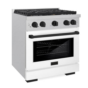 ZLINE Autograph 30" 4.2 cu. ft. Paramount Gas Range with 4 Burner Cooktop and Convection Gas Oven in Satin Stainless Steel with White Matte Door and Matte Black Accents, SGRSZ-WM-30-MB