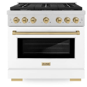 ZLINE Autograph 36" 5.2 cu. ft. Paramount Gas Range with 6 Burner Cooktop and Convection Gas Oven in Satin Stainless Steel with White Matte Door and Champagne Bronze Accents, SGRSZ-WM-36-CB