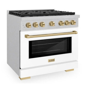 ZLINE Autograph 36" 5.2 cu. ft. Paramount Gas Range with 6 Burner Cooktop and Convection Gas Oven in Satin Stainless Steel with White Matte Door and Champagne Bronze Accents, SGRSZ-WM-36-CB
