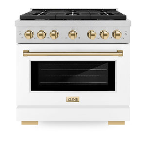 ZLINE Autograph 36" 5.2 cu. ft. Paramount Gas Range with 6 Burner Cooktop and Convection Gas Oven in Satin Stainless Steel with White Matte Door and Polished Gold Accents, SGRSZ-WM-36-G