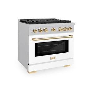 ZLINE Autograph 36" 5.2 cu. ft. Paramount Gas Range with 6 Burner Cooktop and Convection Gas Oven in Satin Stainless Steel with White Matte Door and Polished Gold Accents, SGRSZ-WM-36-G