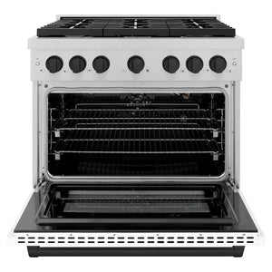 ZLINE Autograph 36" 5.2 cu. ft. Paramount Gas Range with 6 Burner Cooktop and Convection Gas Oven in Satin Stainless Steel with White Matte Door and Matte Black Accents, SGRSZ-WM-36-MB